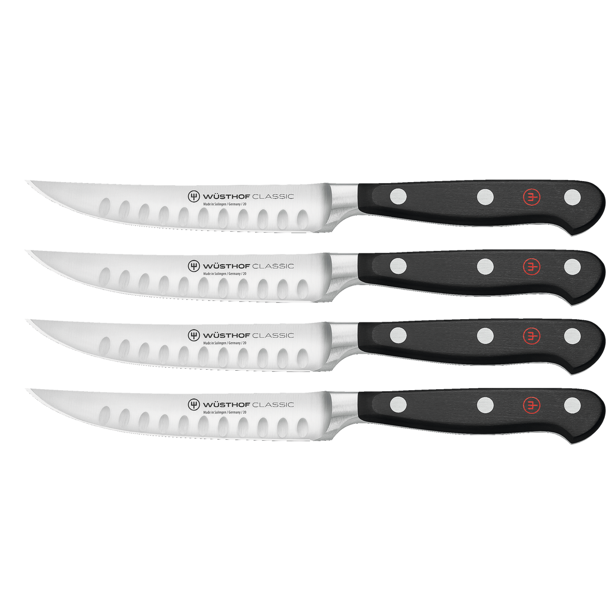 Classic 4-Piece Hollow Edge Steak Knife Set with forged German steel blades, hollow edge scallops, and black ergonomic handles with triple rivets.
