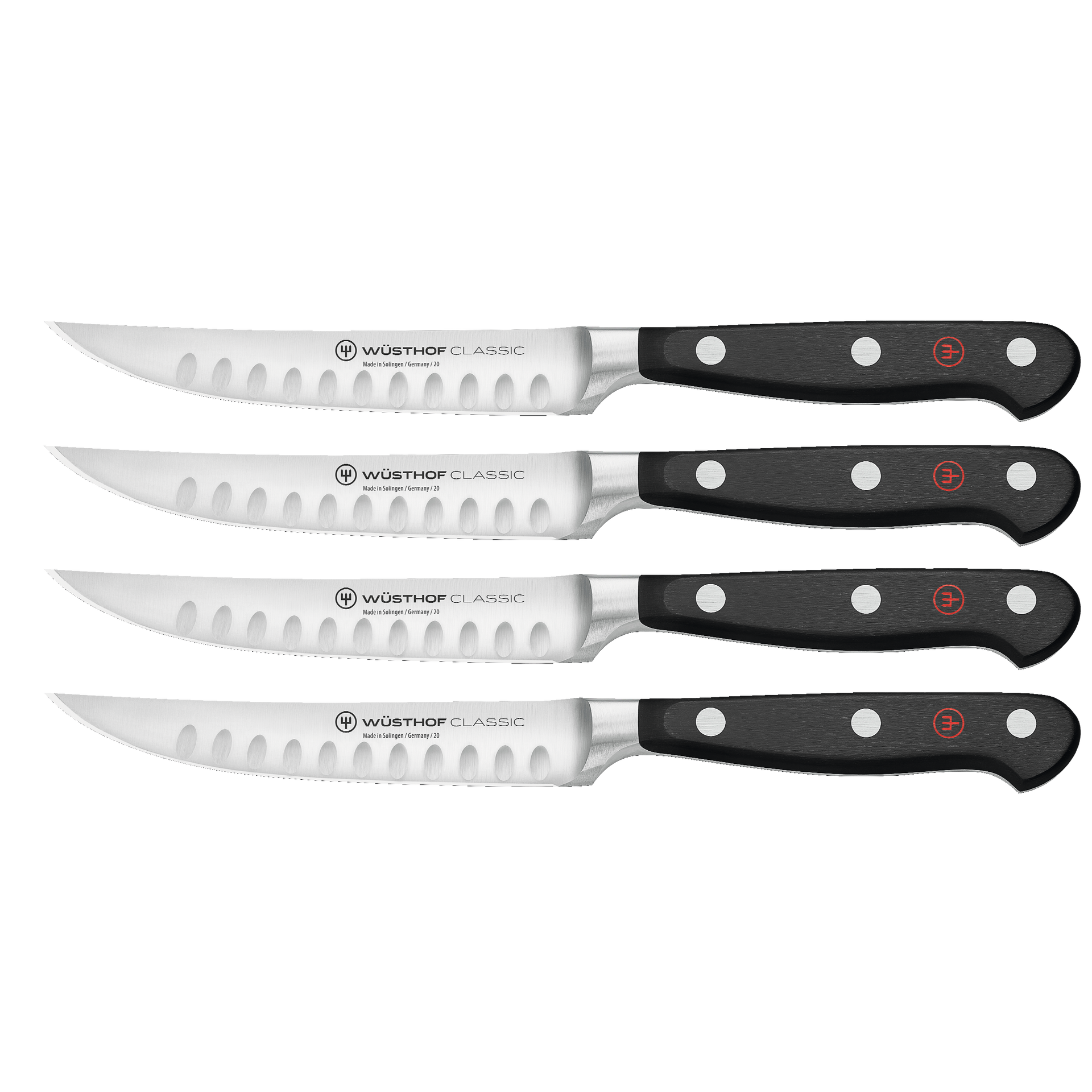 Classic 4-Piece Hollow Edge Steak Knife Set with forged German steel blades, hollow edge scallops, and black ergonomic handles with triple rivets.