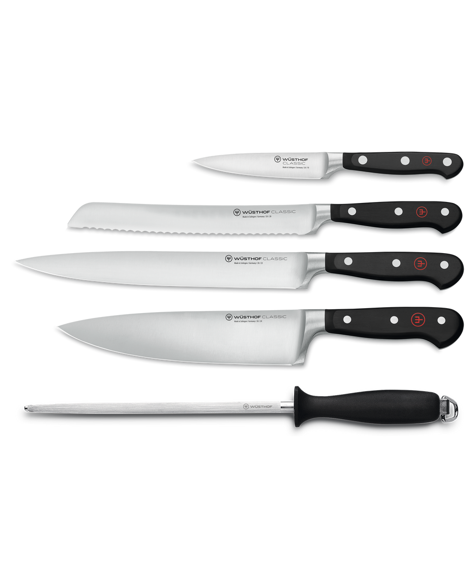 Classic 5-Piece Chef's Knife Set featuring forged German kitchen knives with polished stainless steel blades, black ergonomic handles, and a sharpening steel.