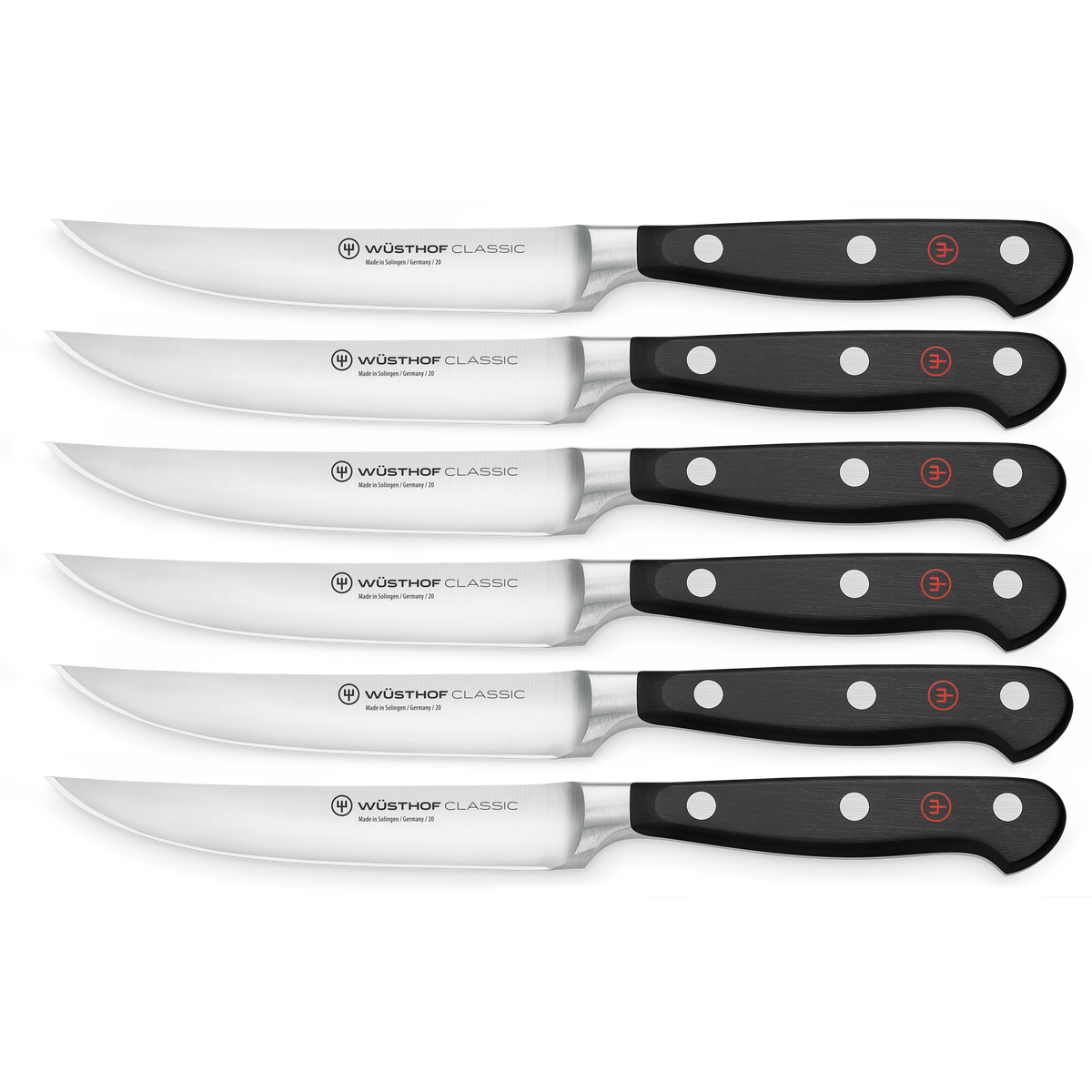 Classic 6-Piece Steak Knife Set with polished stainless steel blades and black triple-riveted handles featuring the WÜSTHOF logo on each handle end.