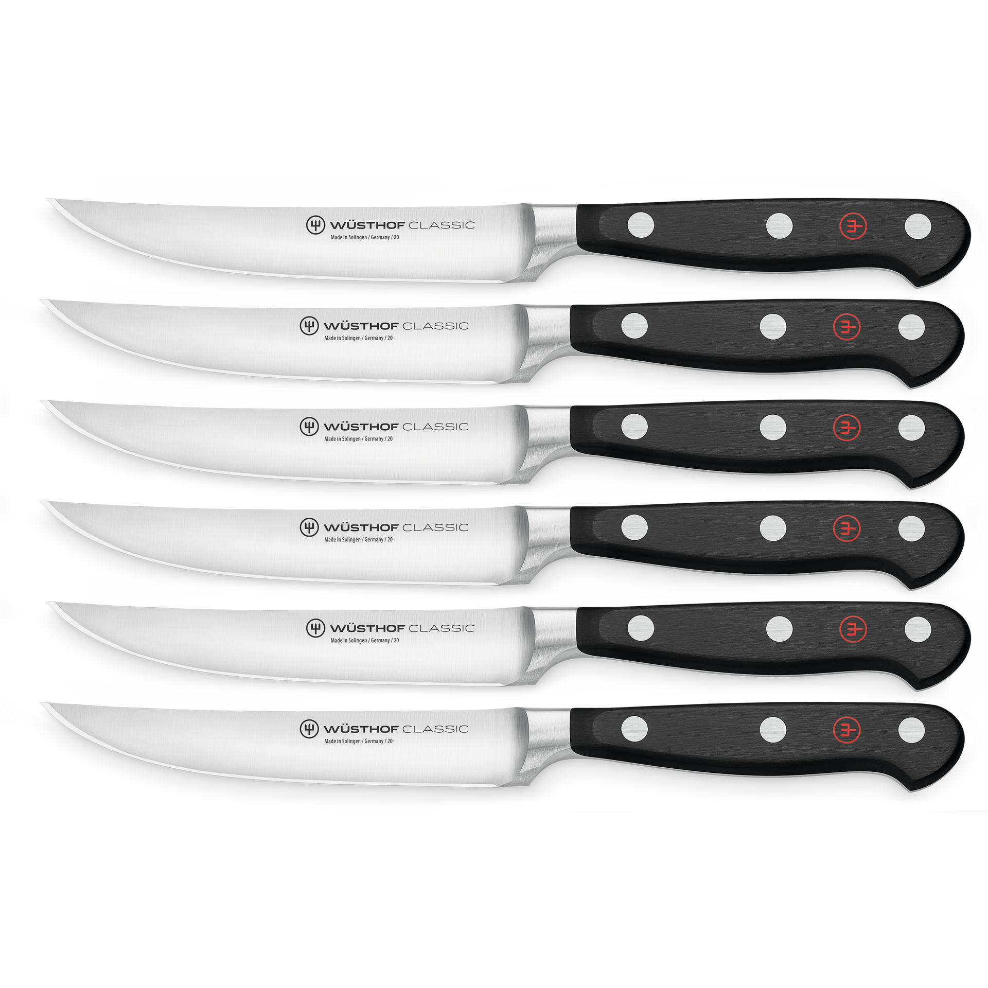 Classic 6-Piece Steak Knife Set with polished stainless steel blades and black triple-riveted handles featuring the WÜSTHOF logo on each handle end.