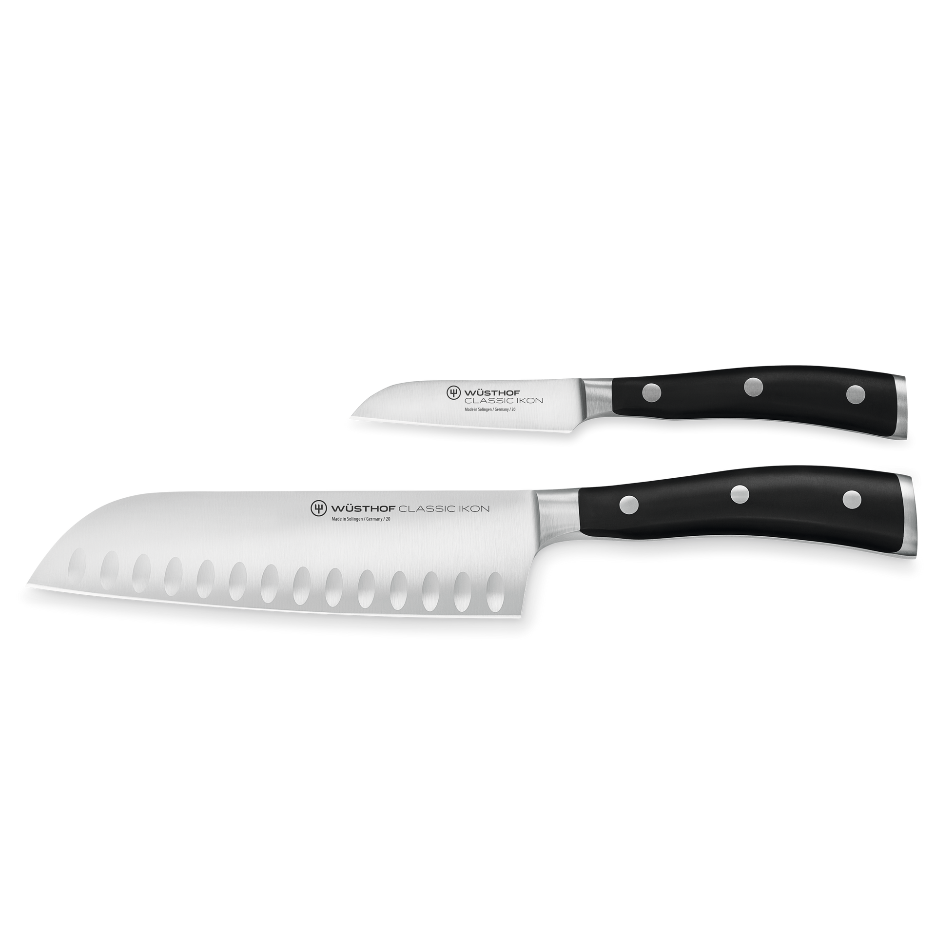 Classic Ikon 2-Piece Asian Cook's Set featuring forged German steel blades with black ergonomic handles and polished stainless rivets for precision and durability.