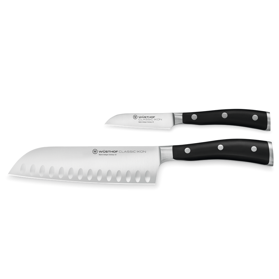 Classic Ikon 2-Piece Asian Cook's Set featuring forged German steel blades with black ergonomic handles and polished stainless rivets for precision and durability.