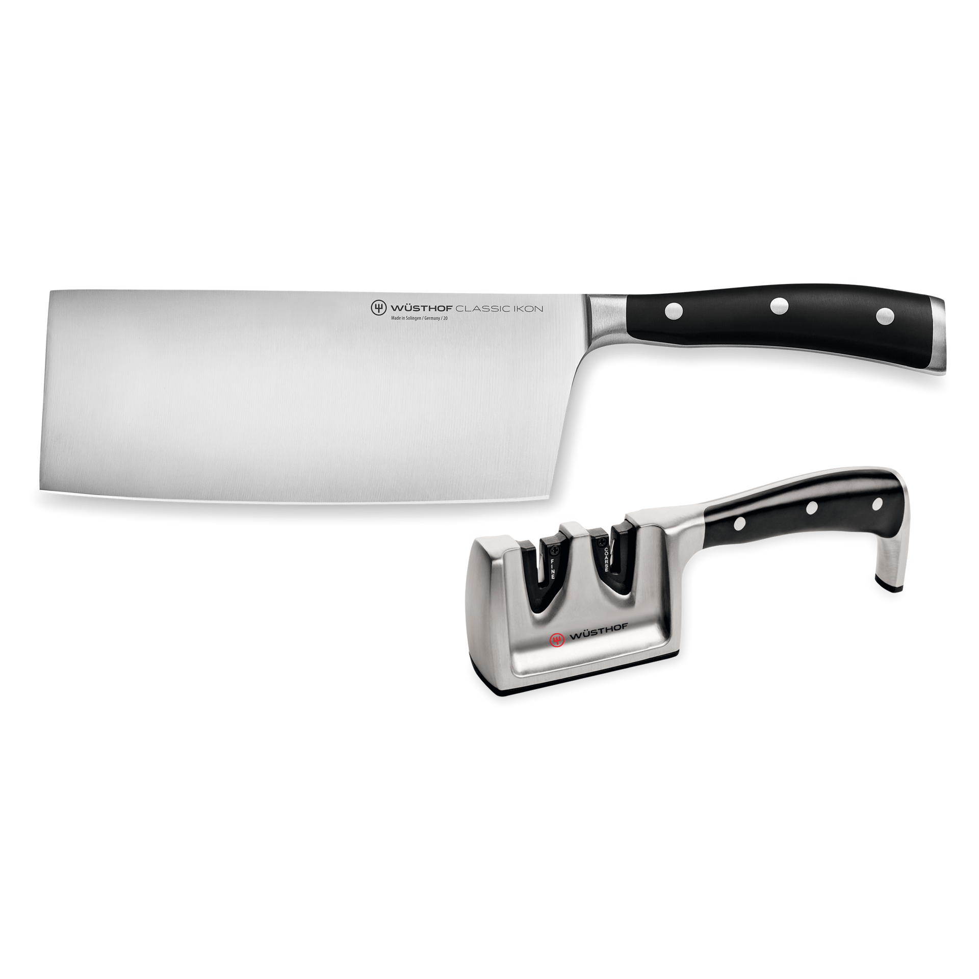 Classic Ikon 2-Piece Chinese Chef's Knife and Sharpener Set featuring a forged German knife with polished stainless steel blade and black ergonomic handle, paired with a matching dual-stage sharpener.