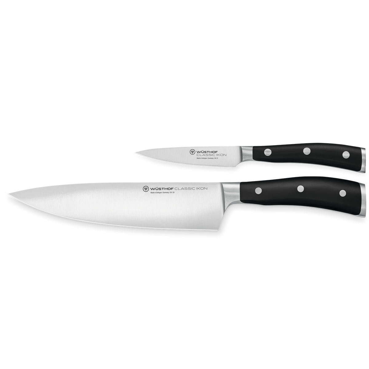 Classic Ikon 2-Piece Cook's Set featuring forged German steel chef's and paring knives with black ergonomic handles and polished stainless rivets.