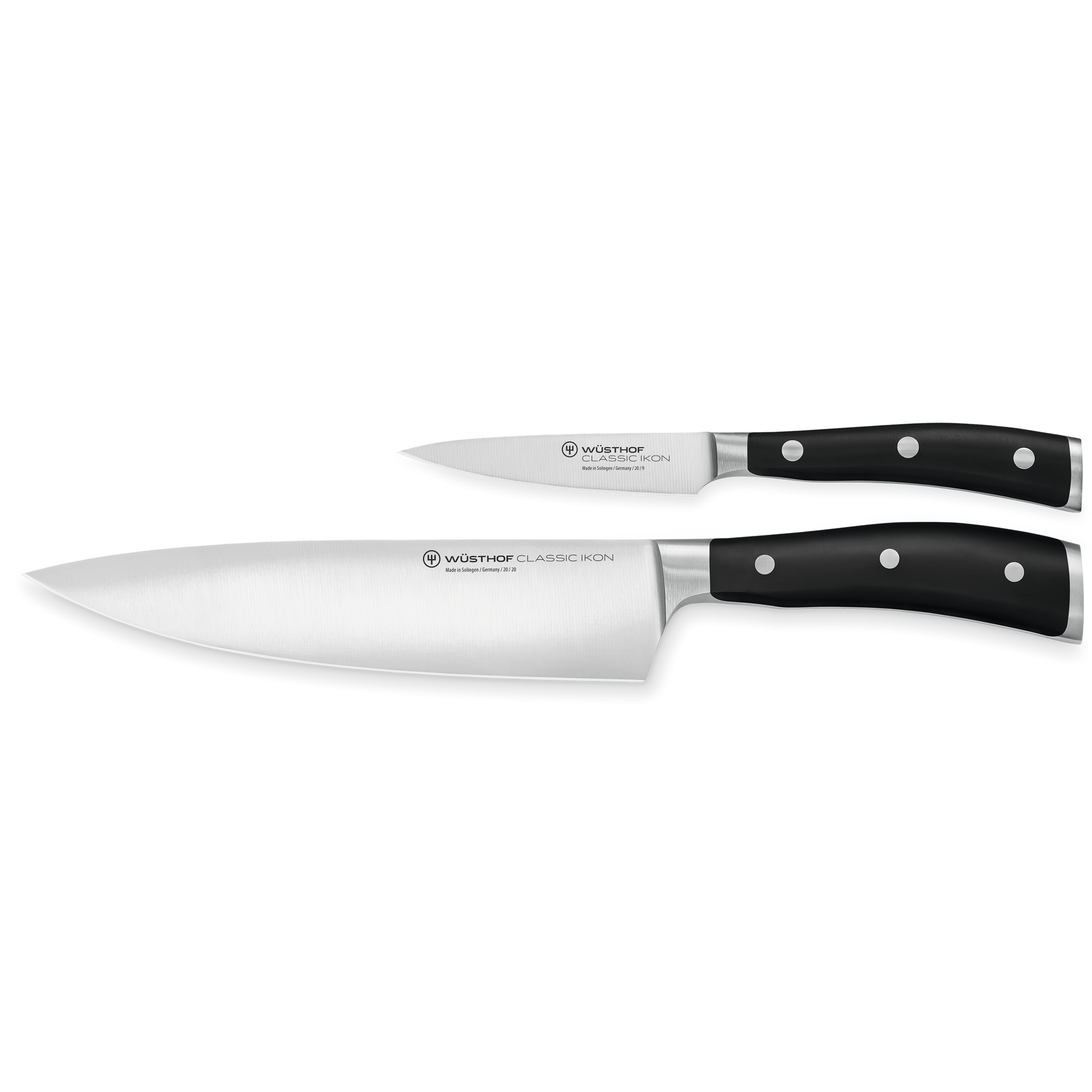 Classic Ikon 2-Piece Cook's Set featuring forged German steel chef's and paring knives with black ergonomic handles and polished stainless rivets.