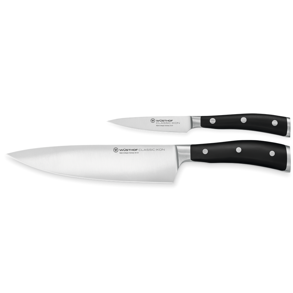 Classic Ikon 2-Piece Cook's Set featuring forged German steel chef's and paring knives with black ergonomic handles and polished stainless rivets.