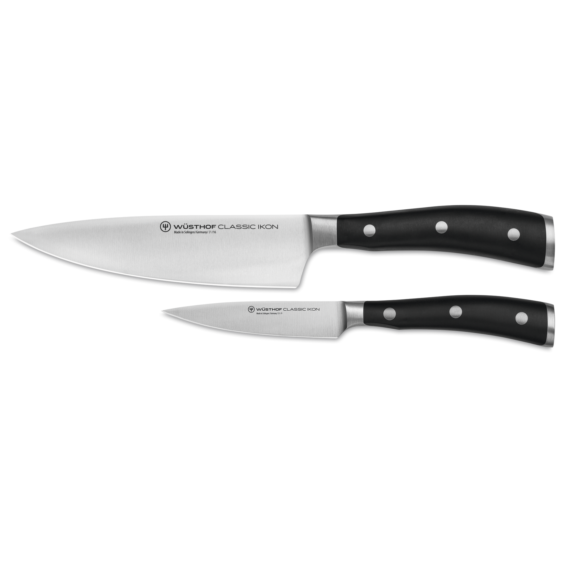 Classic Ikon 2-Piece Prep Set with forged German steel blades and polished triple-riveted black handles, designed for precise and versatile kitchen cutting.