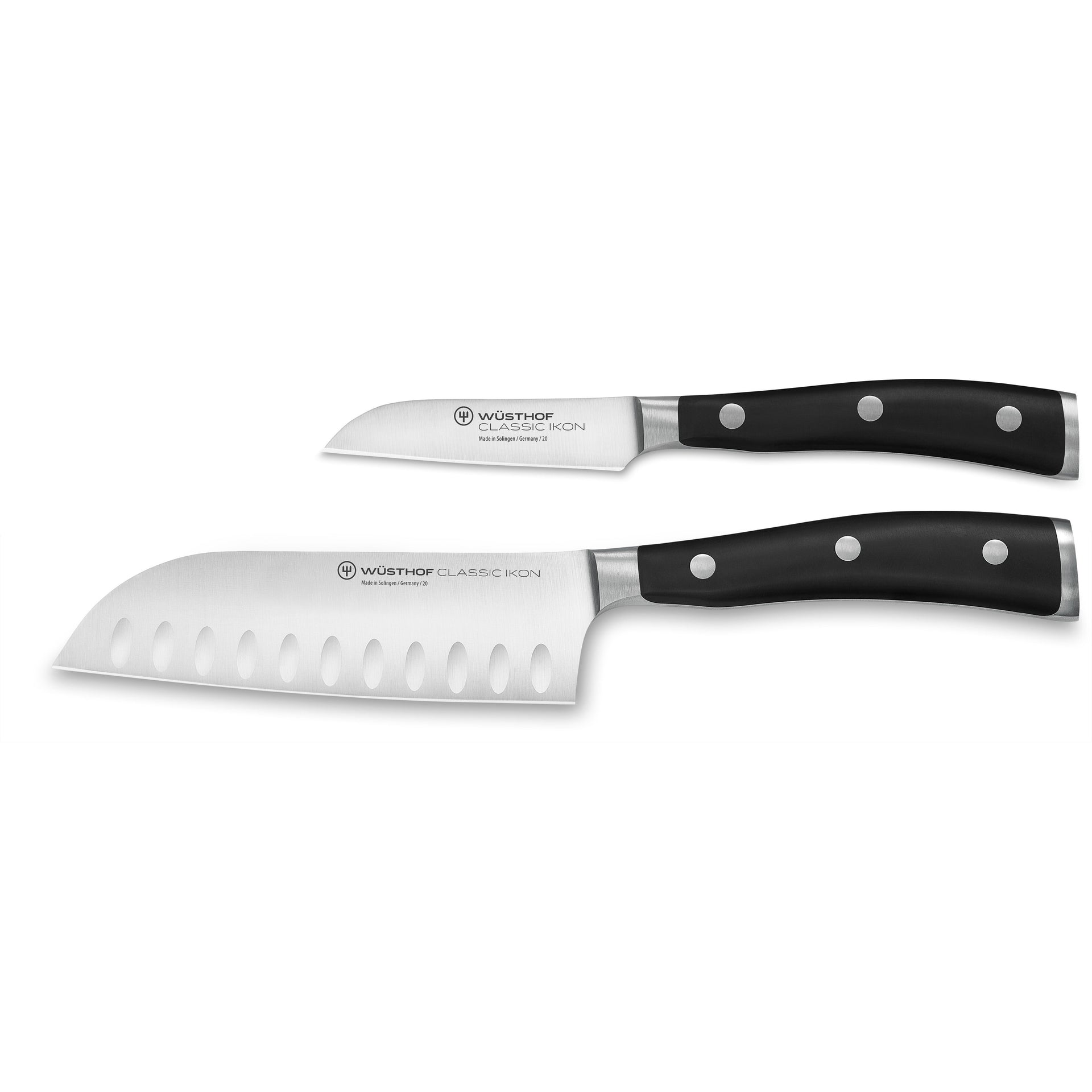 Classic Ikon 2-Piece Mini Asian Knife Set with forged German steel blades, featuring hollow edge scallops and black triple-riveted ergonomic handles.