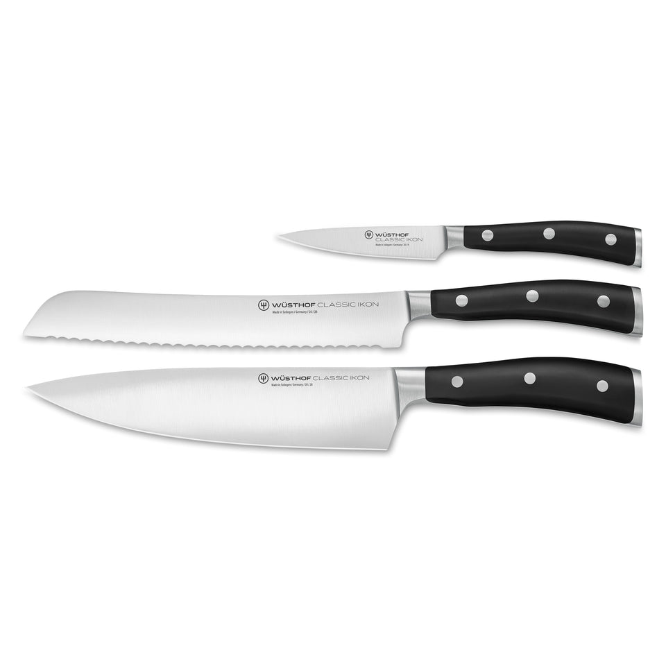 Classic Ikon 3-Piece Knife Set featuring forged German steel blades with triple-riveted black ergonomic handles for precision cutting and durability.