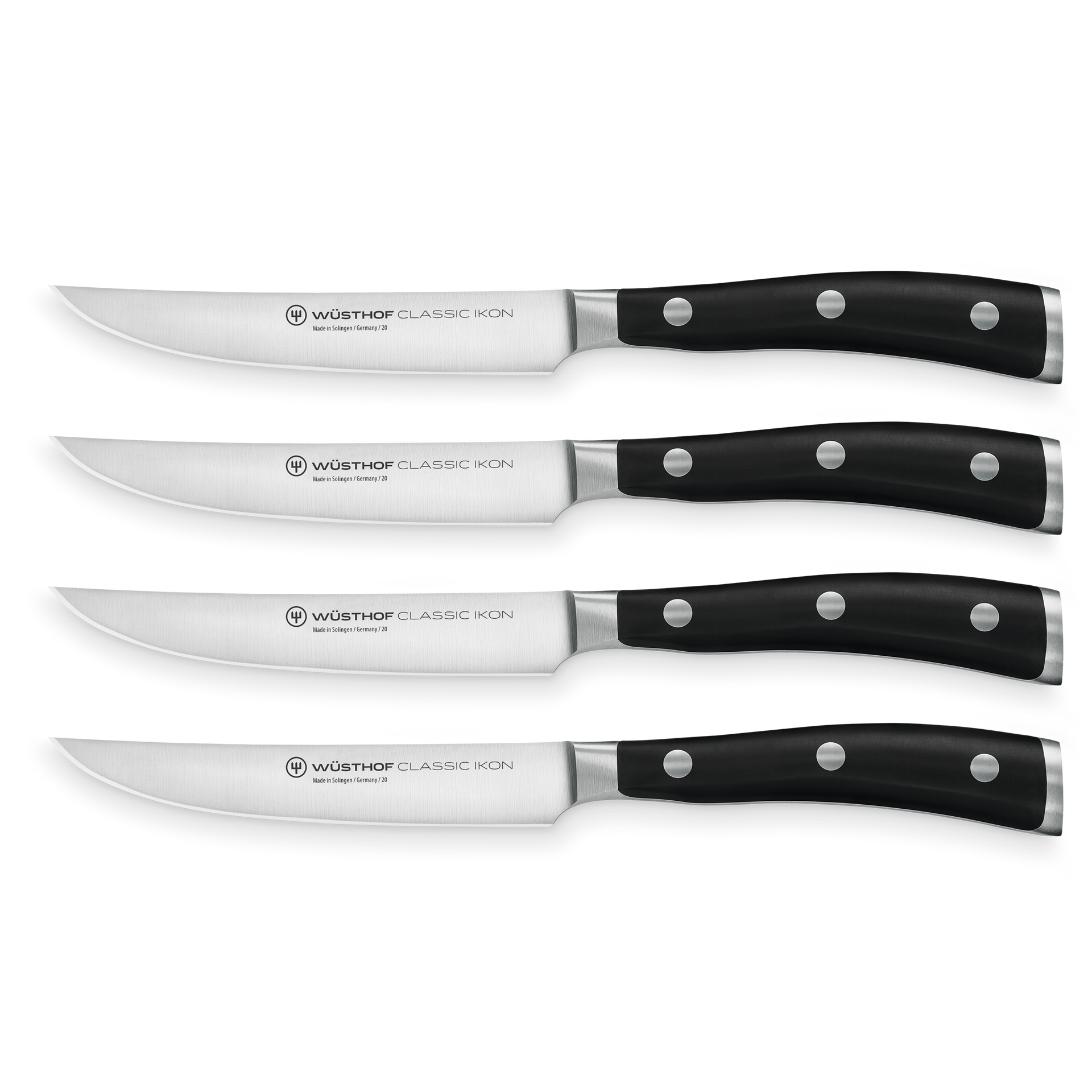 Classic Ikon 4-Piece Steak Knife Set with forged German steel blades and triple-riveted black ergonomic handles for precise and comfortable cutting.