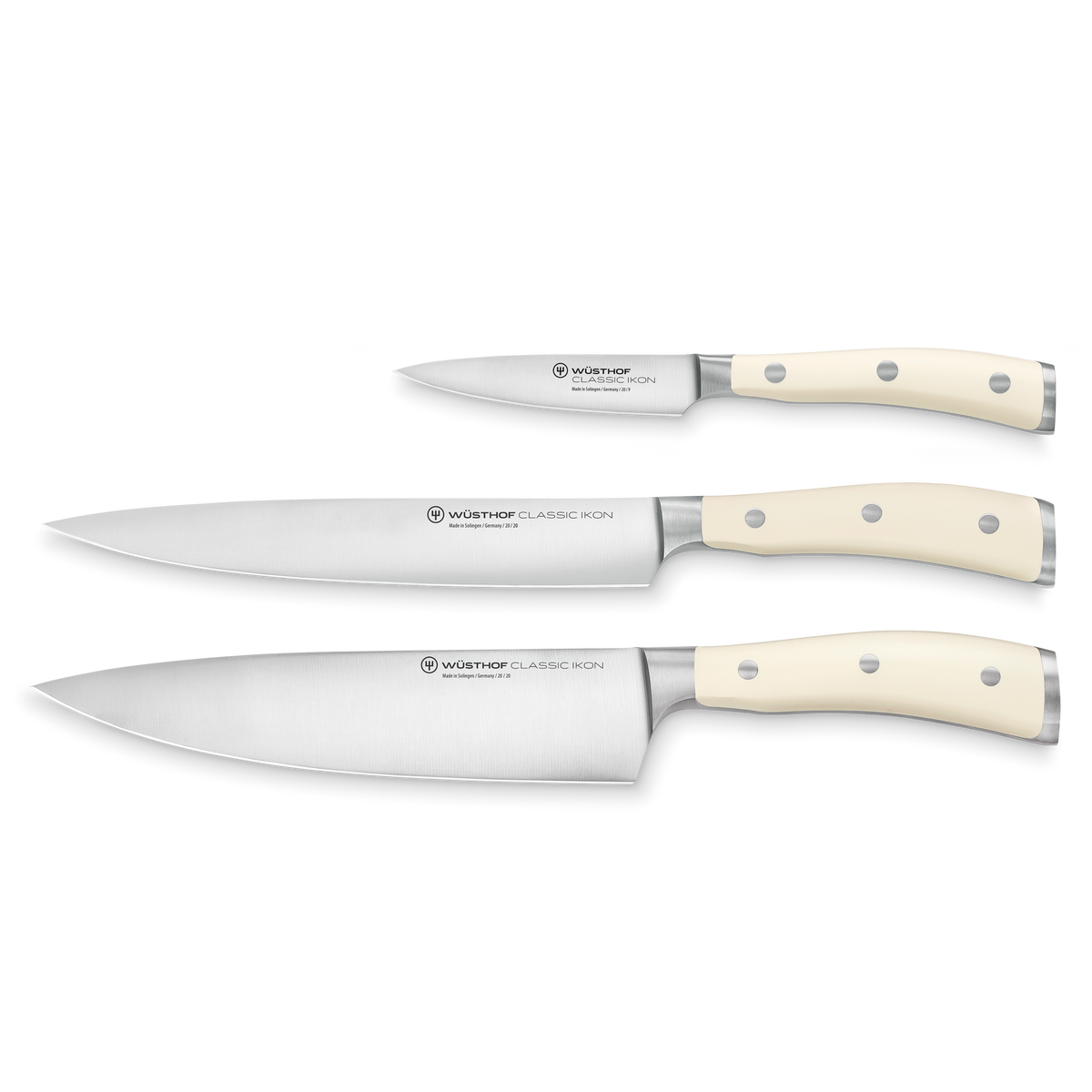 Classic Ikon Crème 3-Piece Chef's Knife Set featuring precision-forged German stainless steel blades and smooth crème-colored triple-riveted handles for balanced cutting.