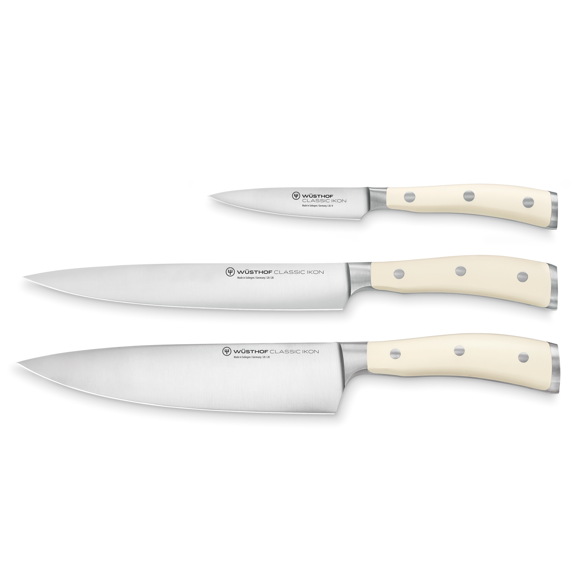 Classic Ikon Crème 3-Piece Chef's Knife Set featuring precision-forged German stainless steel blades and smooth crème-colored triple-riveted handles for balanced cutting.