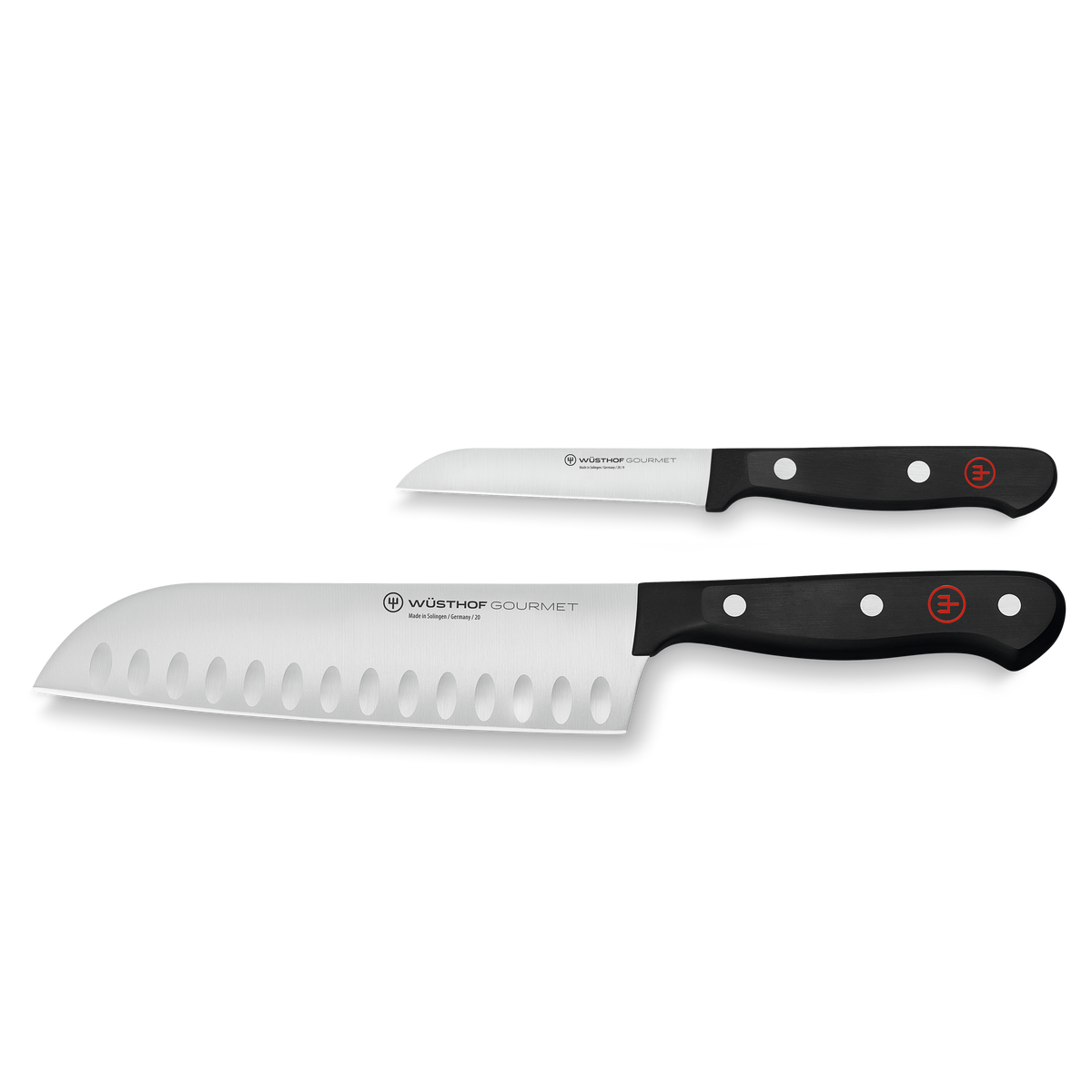 Gourmet 2-Piece Asian Chef's Knife Set featuring forged German steel blades with black ergonomic handles and red accent logos for precision cutting.