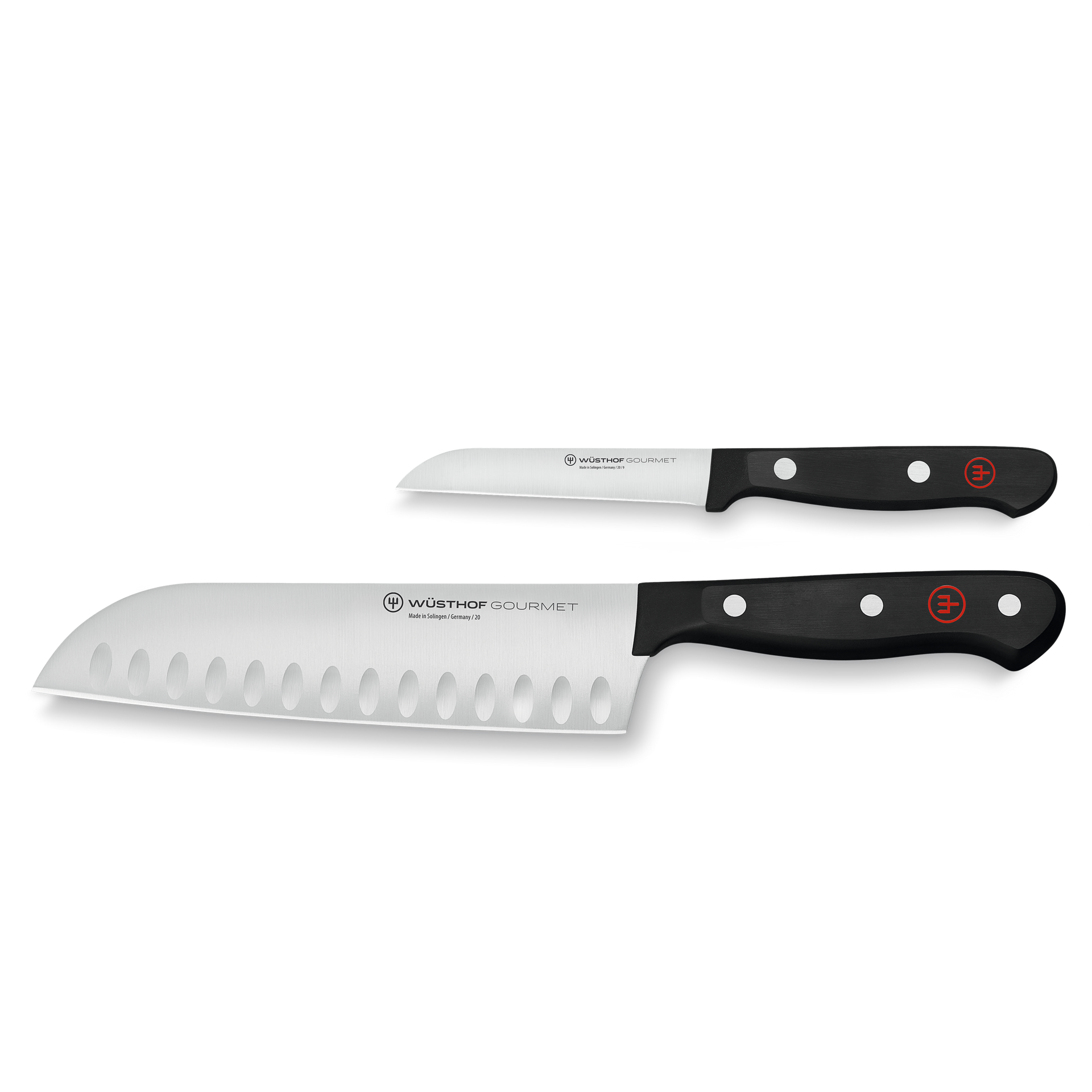 Gourmet 2-Piece Asian Chef's Knife Set featuring forged German steel blades with black ergonomic handles and red accent logos for precision cutting.