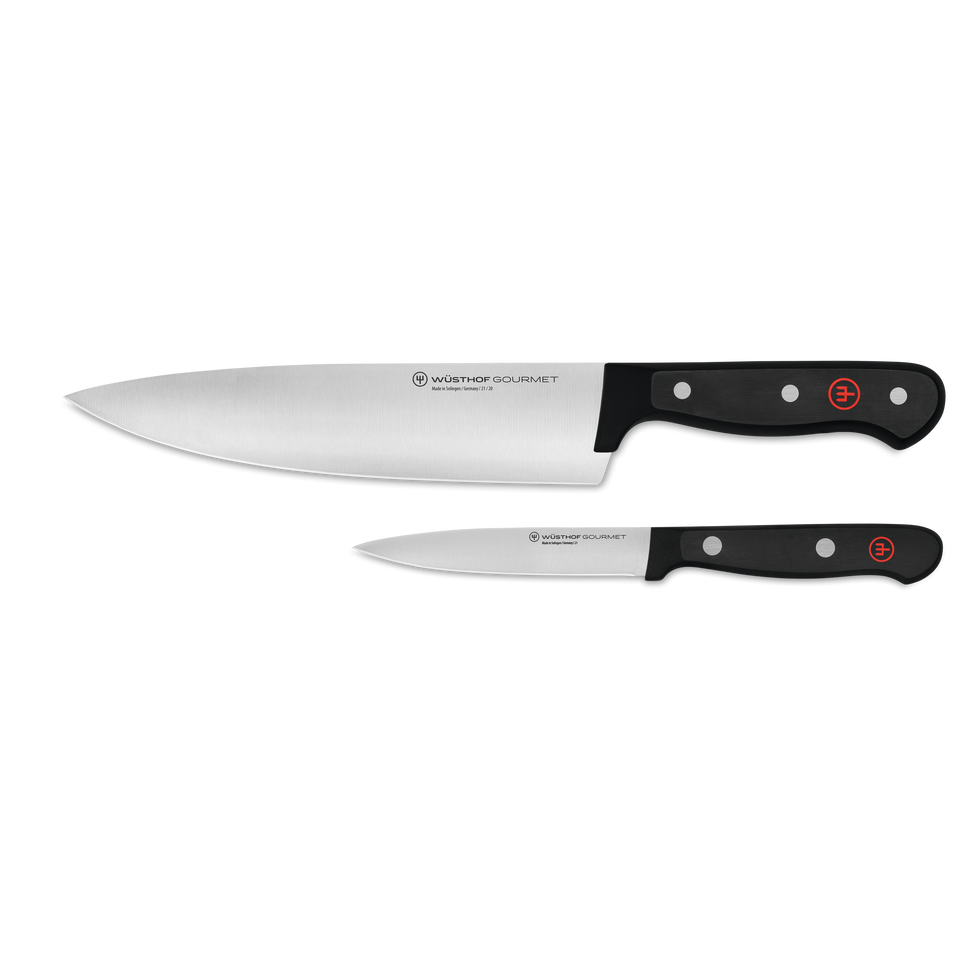 Gourmet 2-Piece Chef's Knife Set featuring forged German stainless steel blades with black ergonomic handles and rivet detailing for precise kitchen cutting.