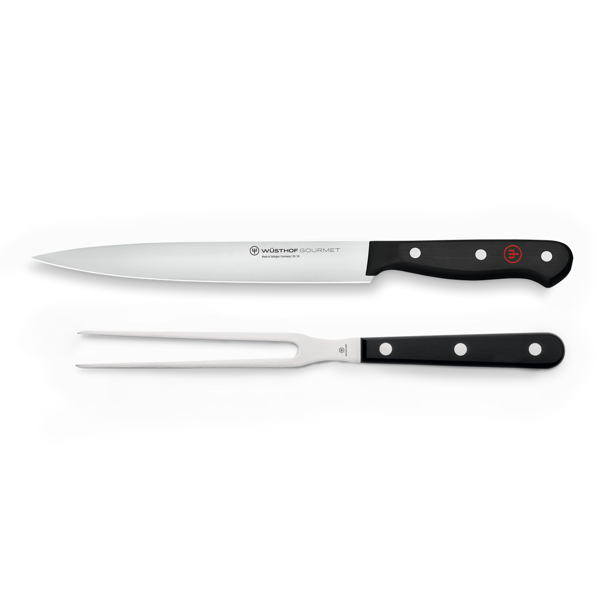 Gourmet 2-Piece Carving Set featuring a forged German steel carving knife and matching fork with black triple-riveted ergonomic handles for precision slicing.