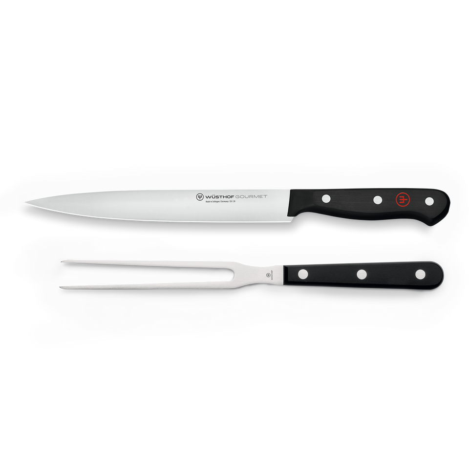 Gourmet 2-Piece Carving Set featuring a forged German steel carving knife and matching fork with black triple-riveted ergonomic handles for precision slicing.