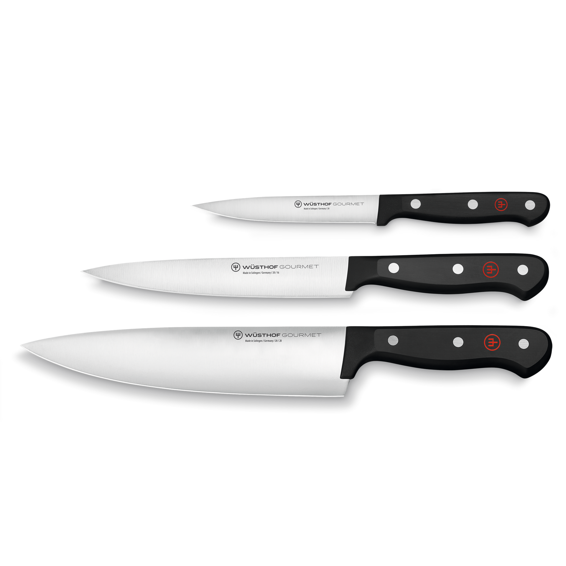Gourmet 3-Piece Knife Set featuring a paring knife, utility knife, and chef’s knife with forged German steel blades and black triple-riveted handles for versatile kitchen tasks.