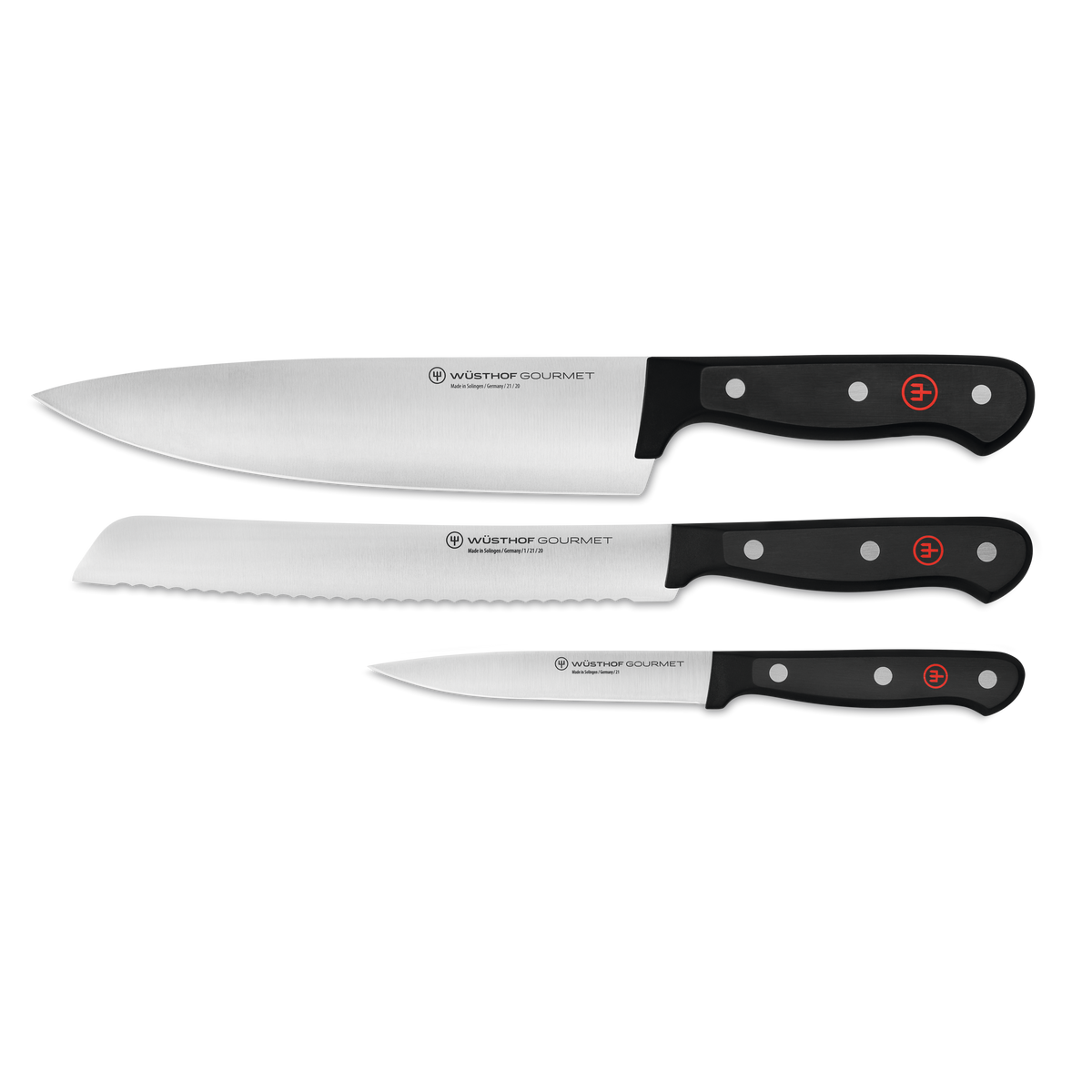 Gourmet 3-Piece Starter Knife Set with forged stainless steel blades and black ergonomic handles featuring rivet detailing for precise kitchen tasks.