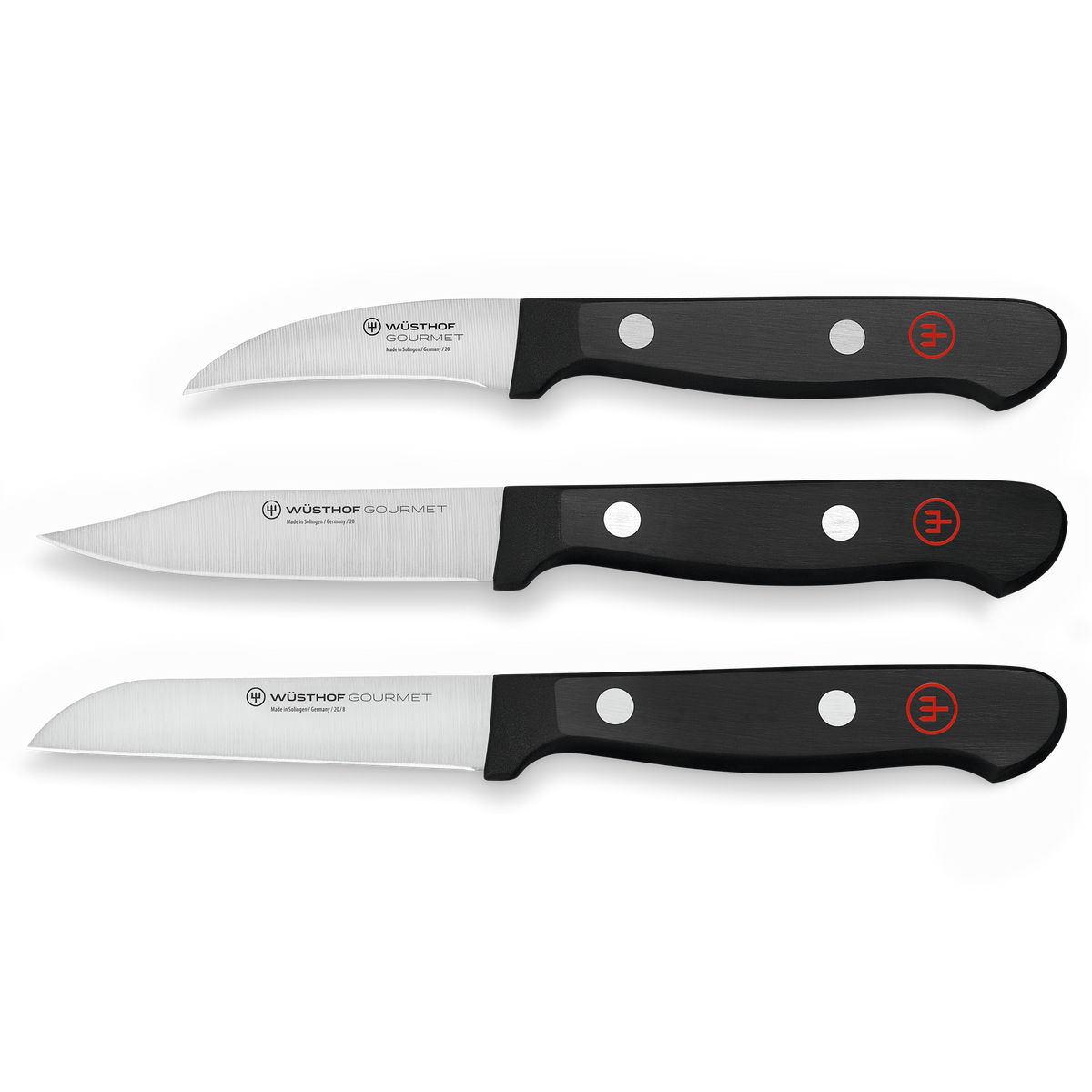 Gourmet 3-Piece Paring Knife Set featuring precision-forged German steel blades with triple-riveted black ergonomic handles for versatile kitchen tasks.