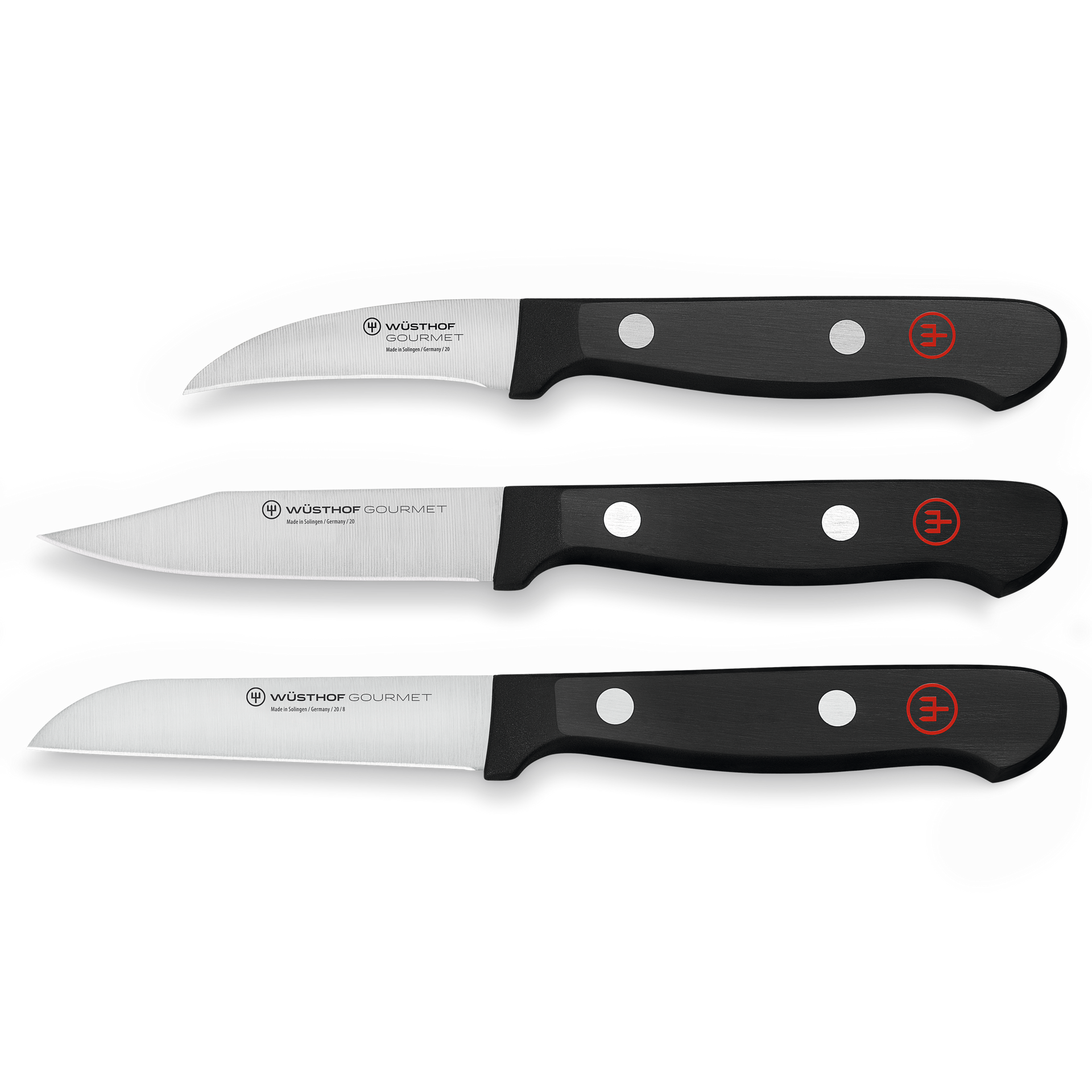 Gourmet 3-Piece Paring Knife Set featuring precision-forged German steel blades with triple-riveted black ergonomic handles for versatile kitchen tasks.