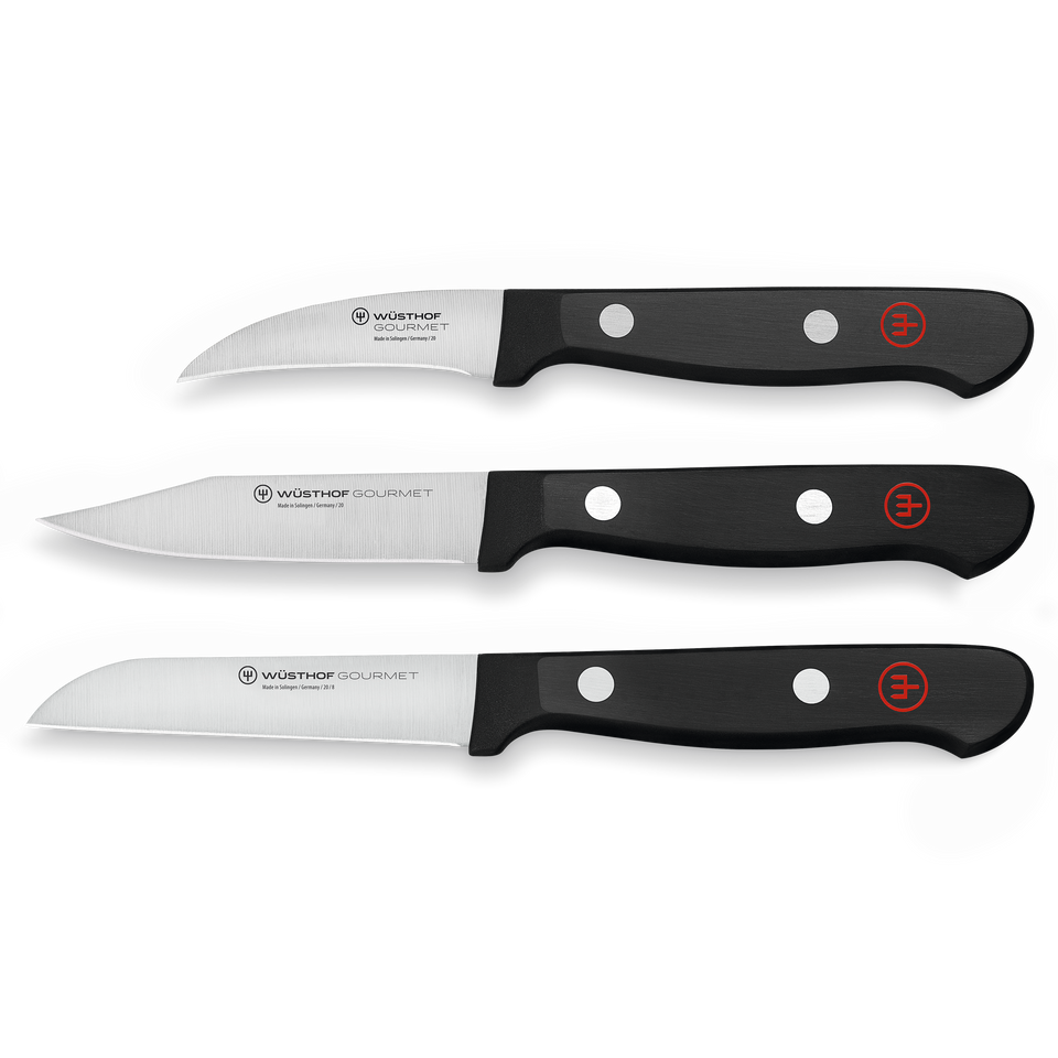 Gourmet 3-Piece Paring Knife Set featuring precision-forged German steel blades with triple-riveted black ergonomic handles for versatile kitchen tasks.