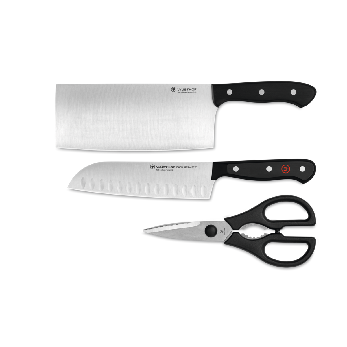 Gourmet 3-Piece Utility Set featuring a cleaver, santoku knife with Granton edge, and kitchen shears with black triple-riveted handles and forged German steel blades.