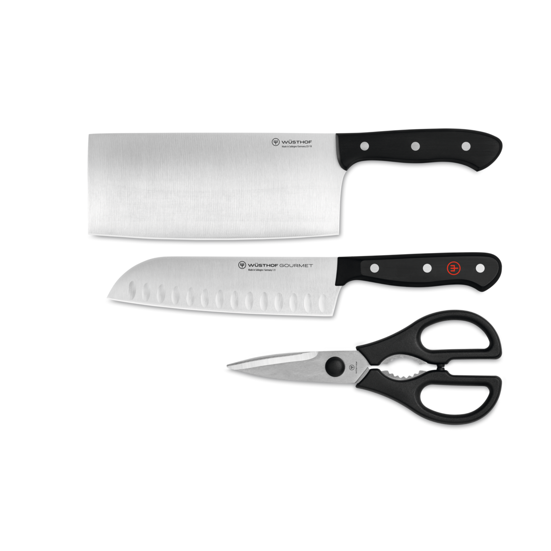 Gourmet 3-Piece Utility Set featuring a cleaver, santoku knife with Granton edge, and kitchen shears with black triple-riveted handles and forged German steel blades.