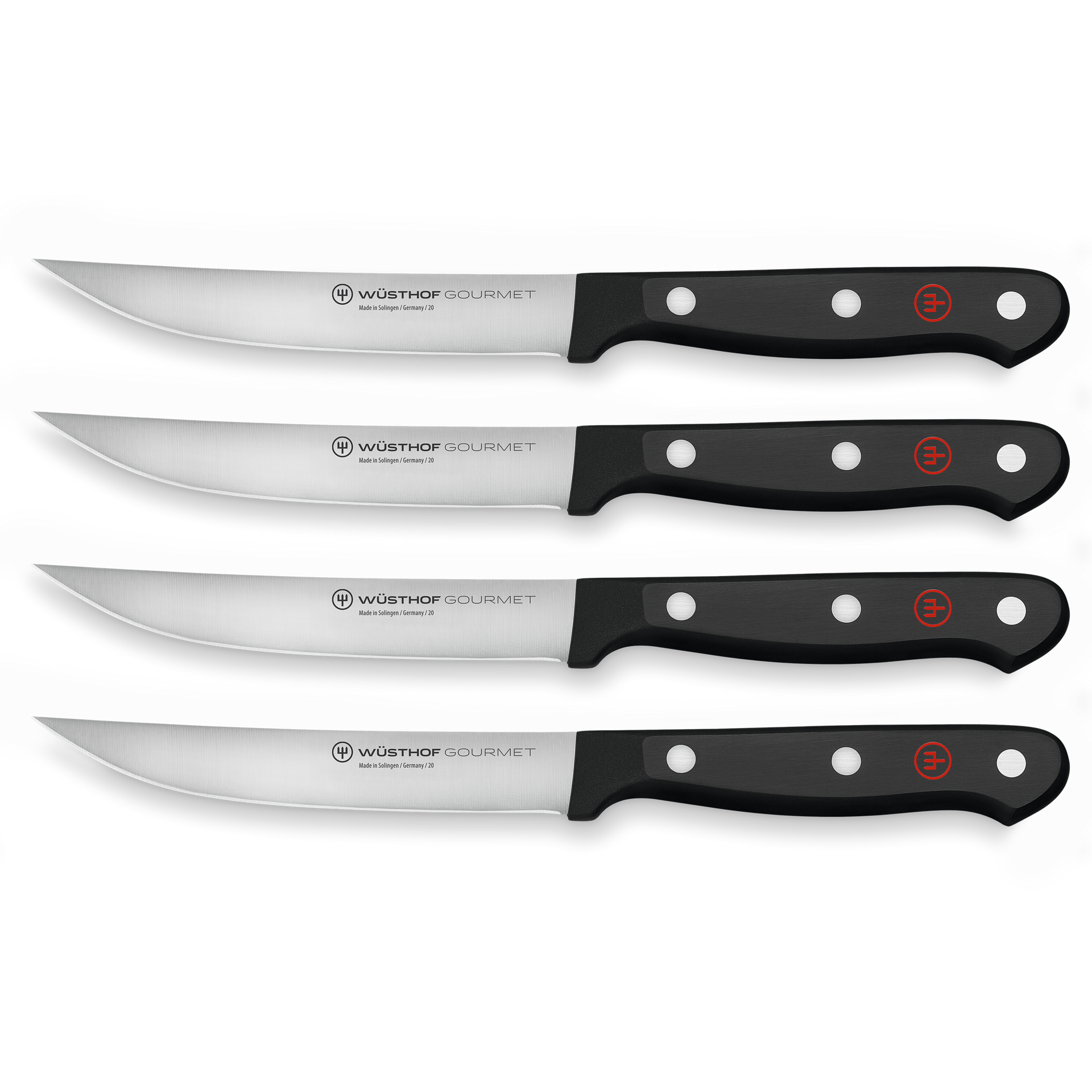 Gourmet 4-Piece Steak Knife Set featuring sharp forged German steel blades with black ergonomic handles and triple-riveted construction for durability and precision.