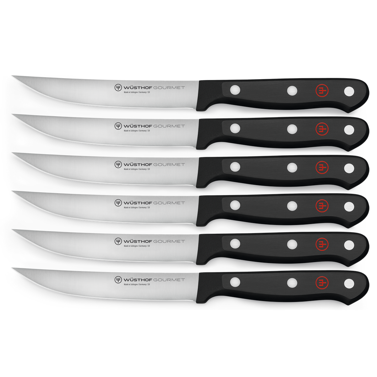 Gourmet 6-Piece Steak Knife Set featuring curved serrated German steel blades and durable black triple-riveted handles with red logo for precision cutting.