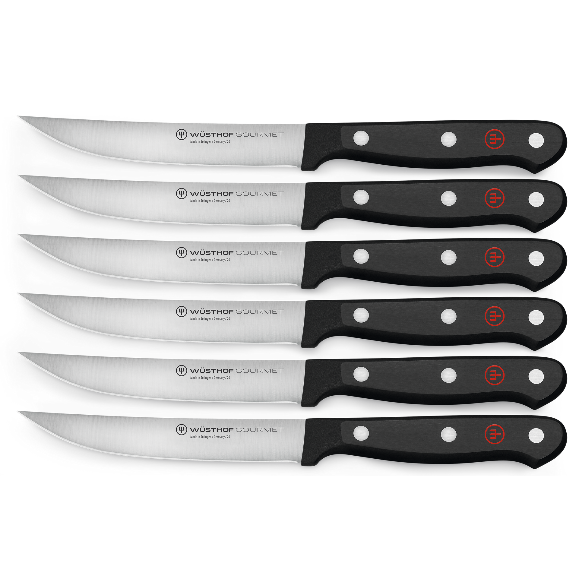 Gourmet 6-Piece Steak Knife Set featuring curved serrated German steel blades and durable black triple-riveted handles with red logo for precision cutting.