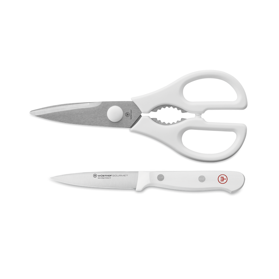 Gourmet 2-Piece Paring Knife and Shears Utility Set featuring a serrated kitchen shears with white handles and a precision paring knife with a smooth white handle and forged blade.