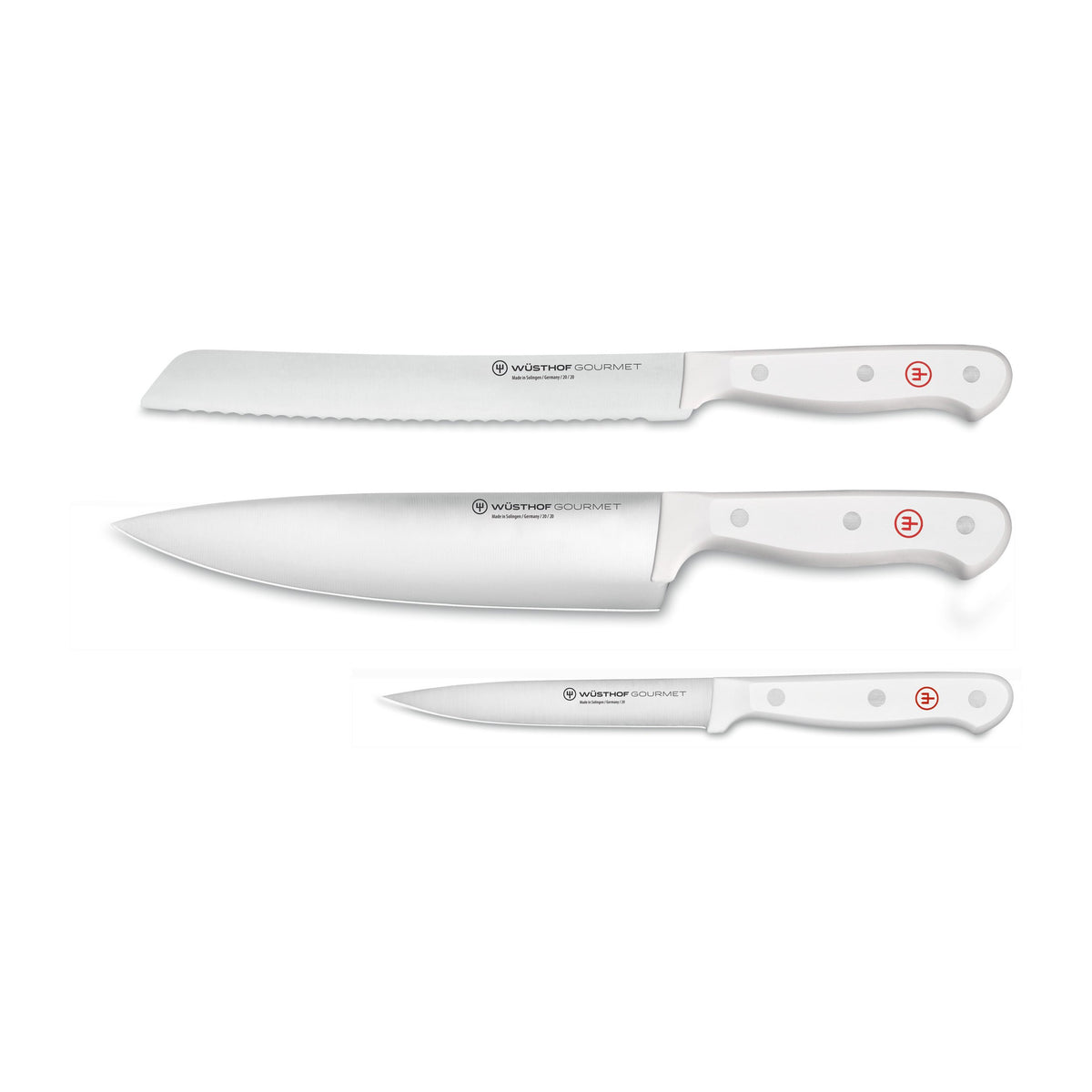 Gourmet 3-Piece Starter Knife Set with forged German stainless steel blades and white ergonomic handles featuring rivet detailing for versatile kitchen use.