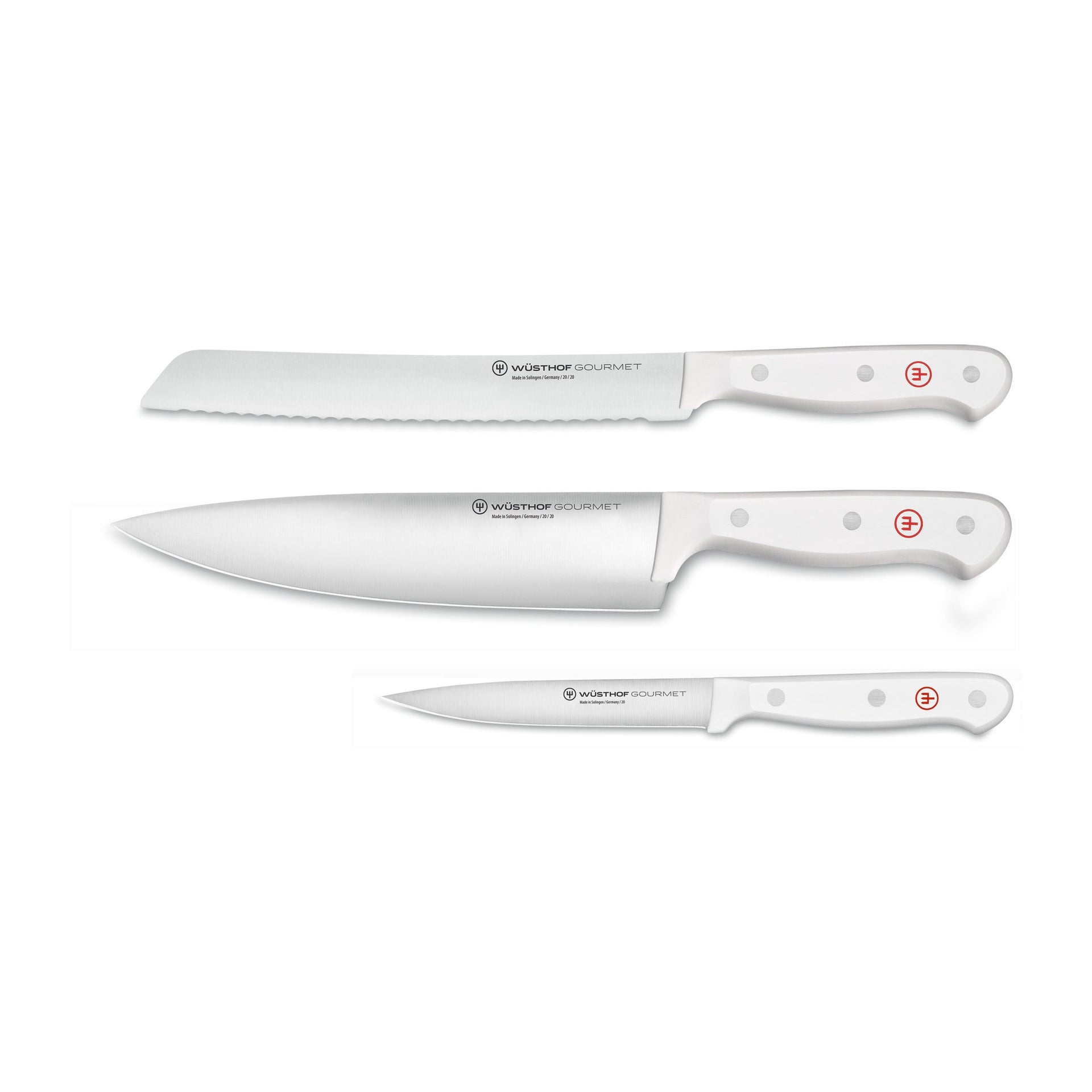 Gourmet 3-Piece Starter Knife Set with forged German stainless steel blades and white ergonomic handles featuring rivet detailing for versatile kitchen use.