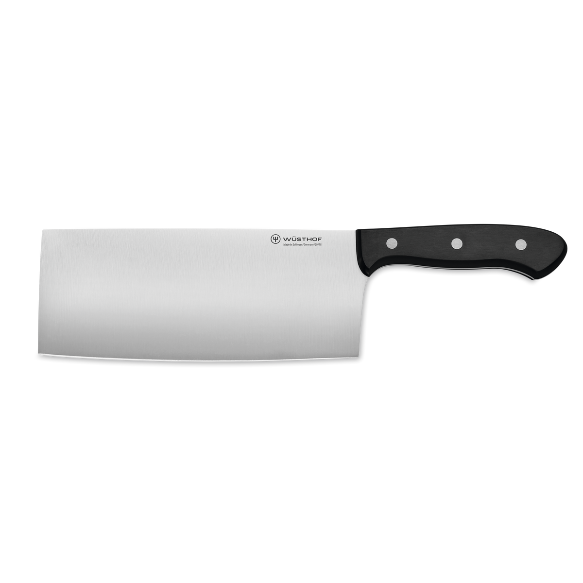 7" Chinese Chef's Knife with a broad, sharp forged stainless steel blade and ergonomic black handle, designed for versatile slicing and chopping.