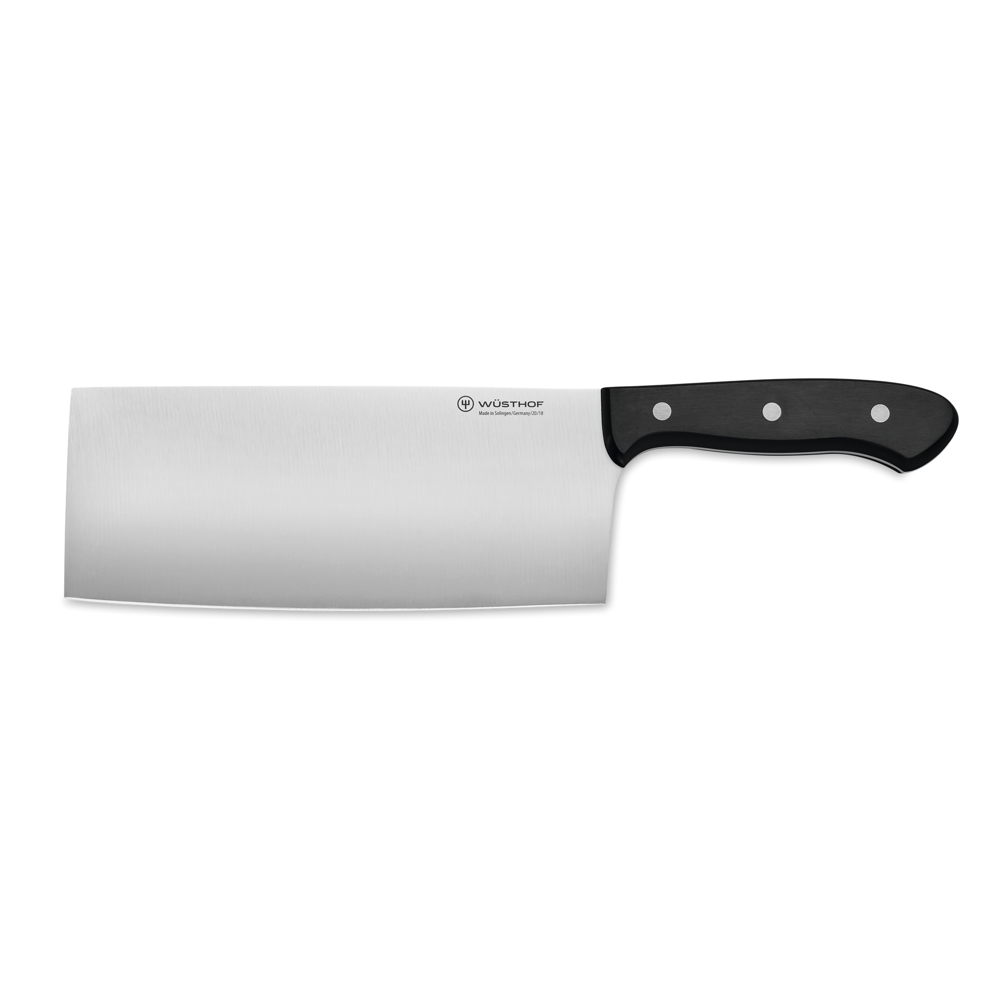 7" Chinese Chef's Knife with a broad, sharp forged stainless steel blade and ergonomic black handle, designed for versatile slicing and chopping.