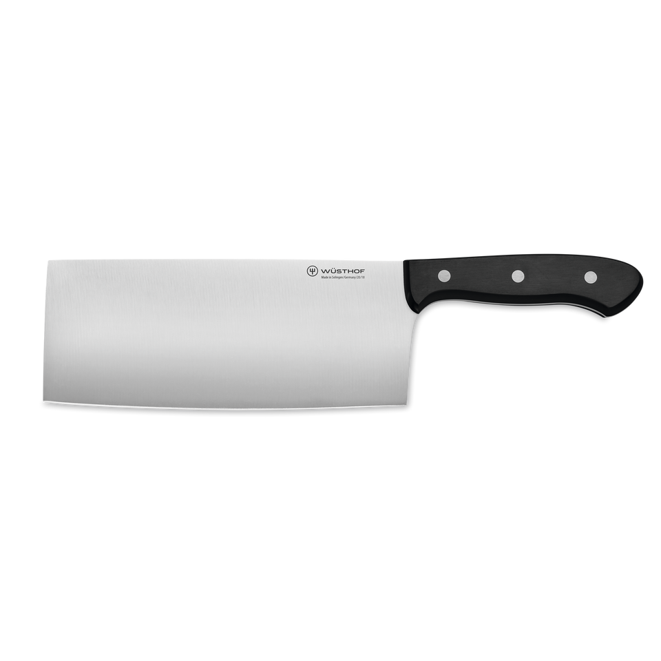 7" Chinese Chef's Knife with a broad, sharp forged stainless steel blade and ergonomic black handle, designed for versatile slicing and chopping.