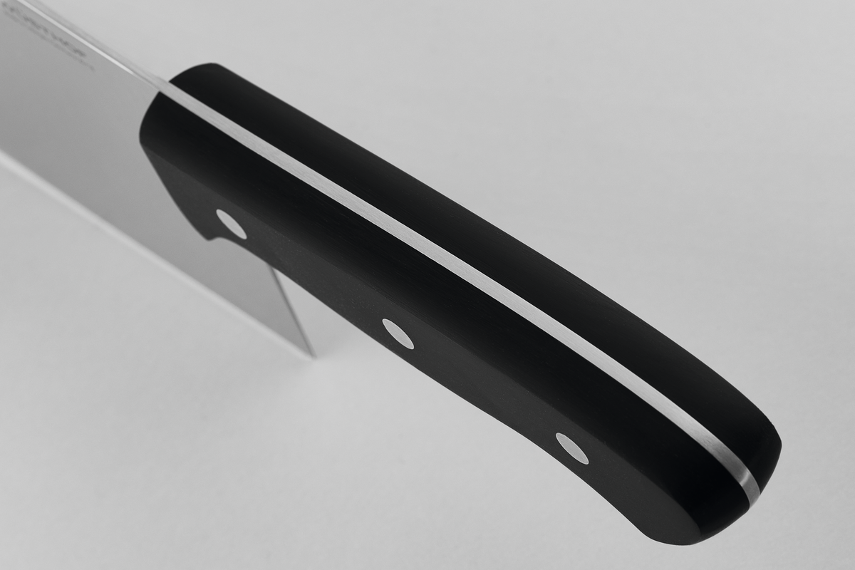 7" Chinese Chef's Knife with a full tang and durable black ergonomic handle secured by three rivets, designed for balanced control and precision.