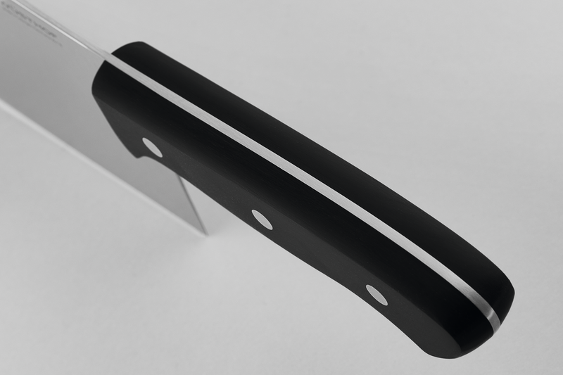 7" Chinese Chef's Knife with a full tang and durable black ergonomic handle secured by three rivets, designed for balanced control and precision.
