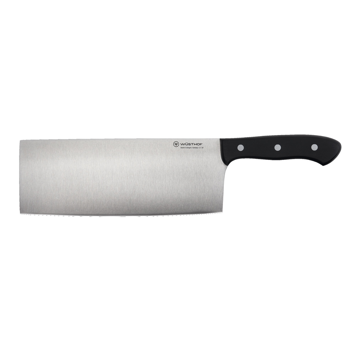 8" Chinese Chef's Knife featuring a wide, sharp forged stainless steel blade and a durable black triple-riveted handle for precise chopping and slicing.