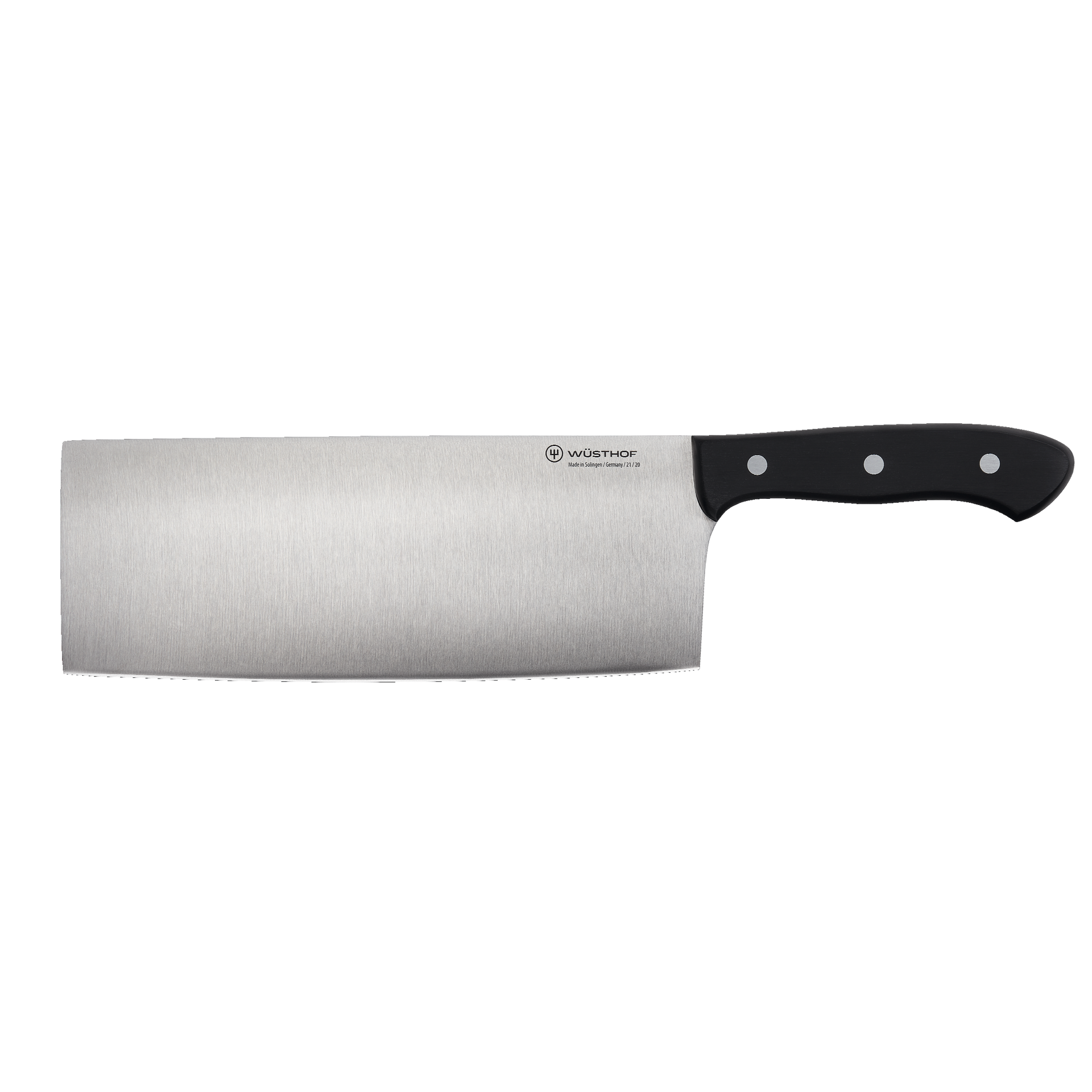 8" Chinese Chef's Knife featuring a wide, sharp forged stainless steel blade and a durable black triple-riveted handle for precise chopping and slicing.