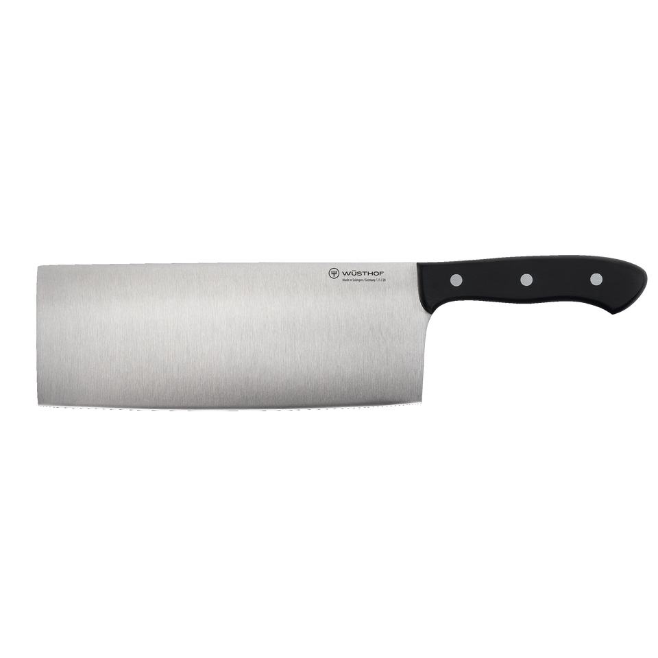 8" Chinese Chef's Knife featuring a wide, sharp forged stainless steel blade and a durable black triple-riveted handle for precise chopping and slicing.