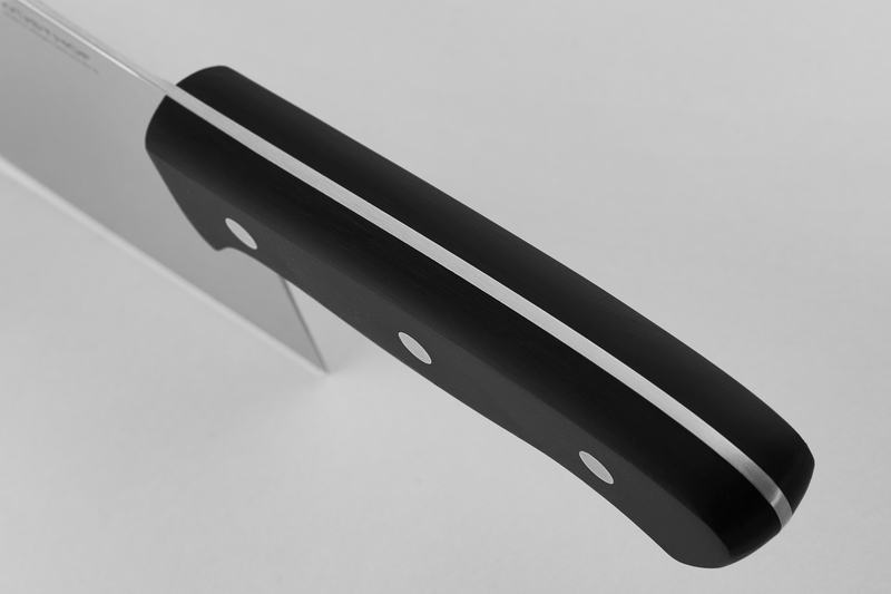 8" Chinese Chef's Knife featuring a forged stainless steel blade and a triple-riveted black handle designed for durable, balanced control in the kitchen.