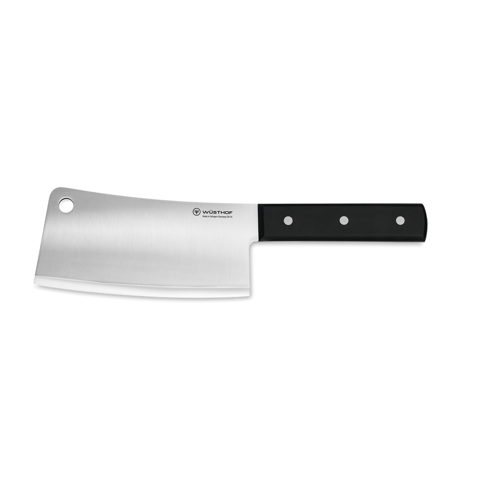 6" Cleaver with a polished stainless steel forged blade and a black triple-riveted ergonomic handle for balanced control in chopping tasks.