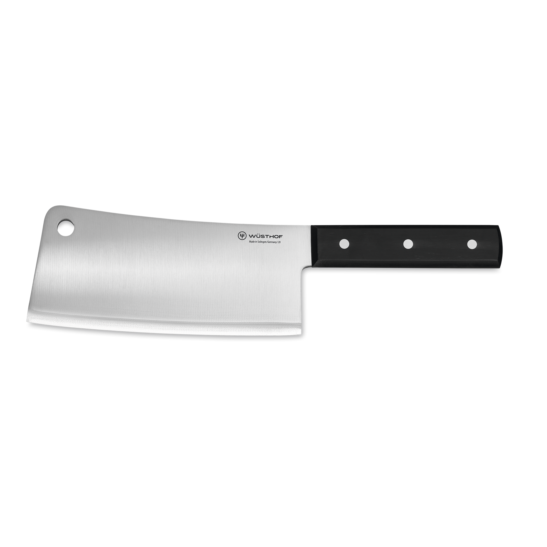 7" Cleaver with a broad, sharp forged steel blade, featuring a full tang and a durable black handle secured by three rivets for balanced control and precision.
