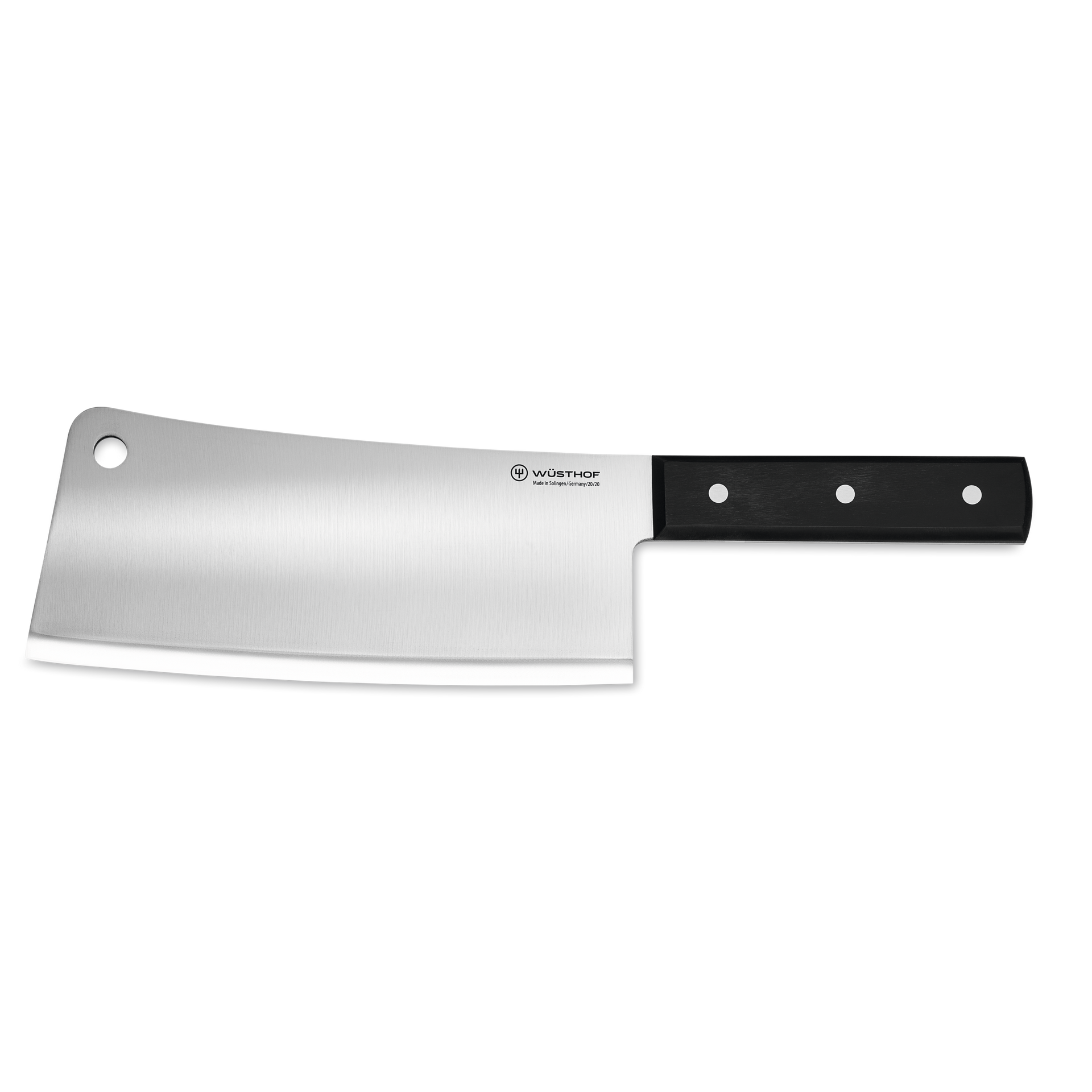 8" Cleaver with a broad, sharp forged stainless steel blade and black ergonomic handle secured by three rivets for durable, balanced control.