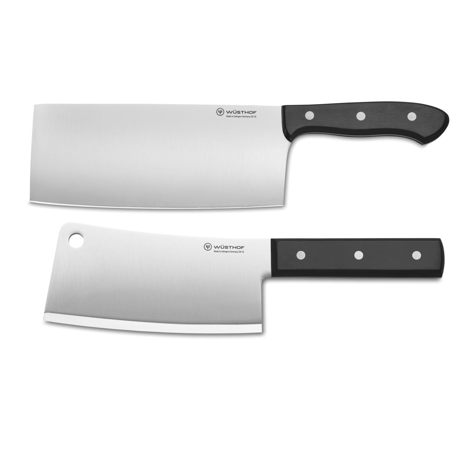 2-Piece Chinese Chef's Knife Set featuring two forged kitchen cleavers with black ergonomic handles and polished stainless steel blades.