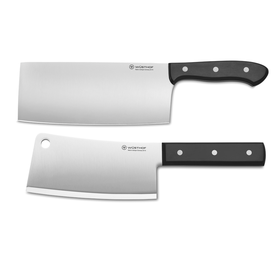 2-Piece Chinese Chef's Knife Set featuring two forged kitchen cleavers with black ergonomic handles and polished stainless steel blades.