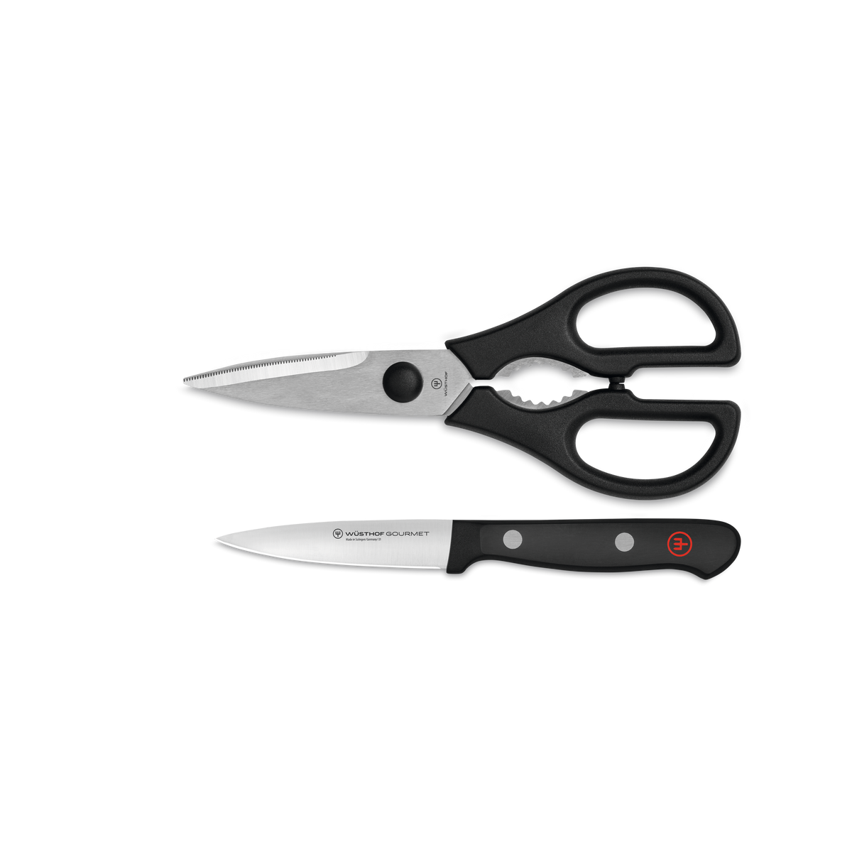 Gourmet 2-Piece Paring Knife and Shears Utility Set with sharp forged blades and black ergonomic handles designed for precision cutting and versatile kitchen tasks.